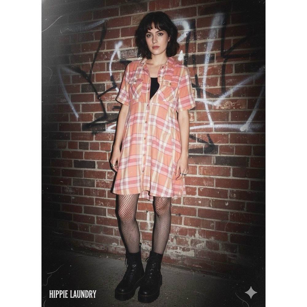 Hippie Laundry‎ Plaid Shirt Dress Western Indie Sleaze Boho Mini Pink Orange M